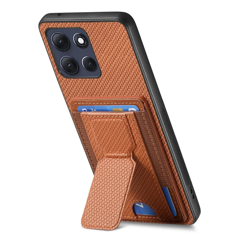 For Motorola Moto G86 Power 5G Case with Card Holder Kickstand Fiber Pattern Leather Back Cover - Brown