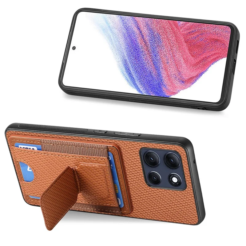 For Motorola Moto G86 Power 5G Case with Card Holder Kickstand Fiber Pattern Leather Back Cover - Brown