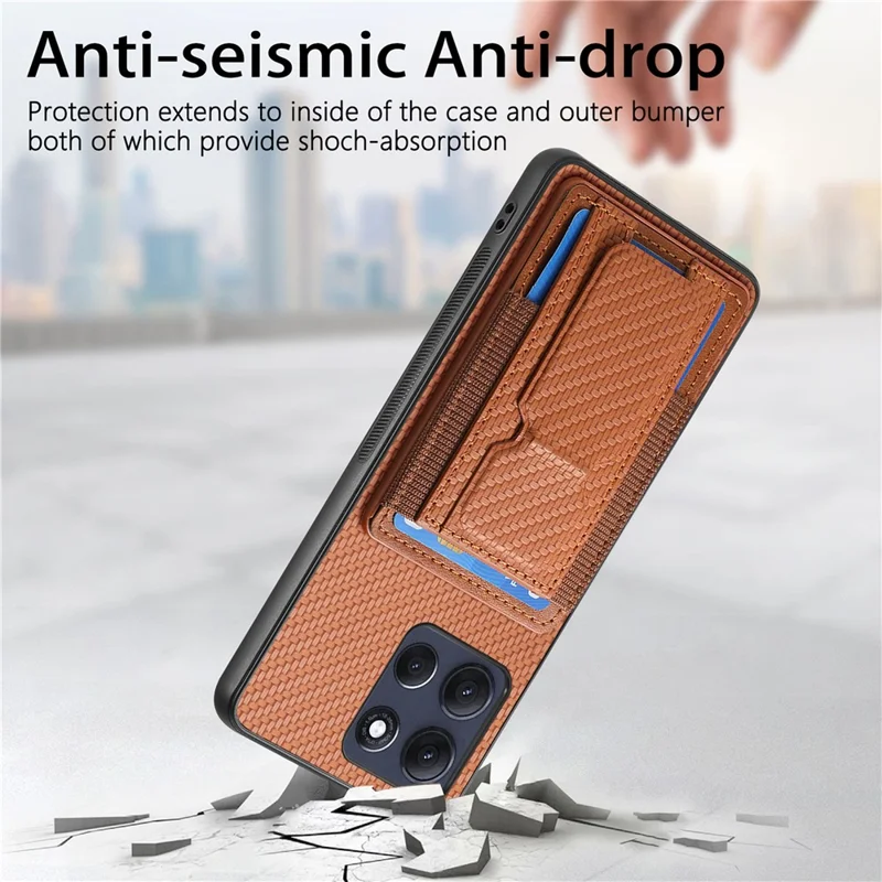 For Motorola Moto G86 Power 5G Case with Card Holder Kickstand Fiber Pattern Leather Back Cover - Brown