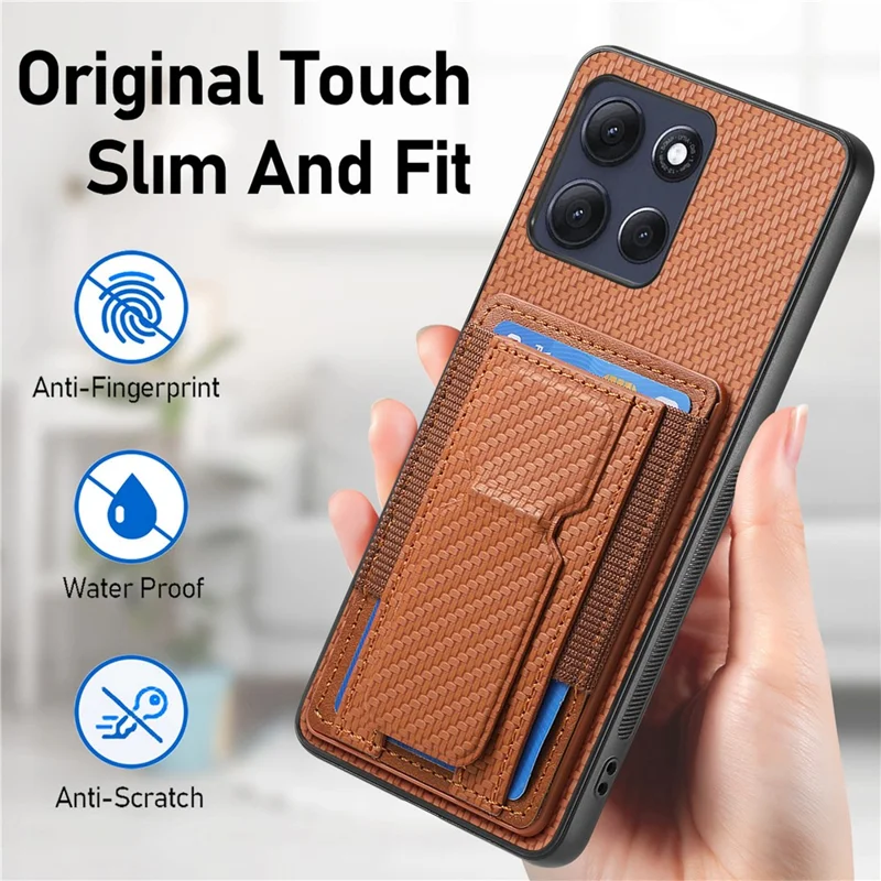 For Motorola Moto G86 Power 5G Case with Card Holder Kickstand Fiber Pattern Leather Back Cover - Brown