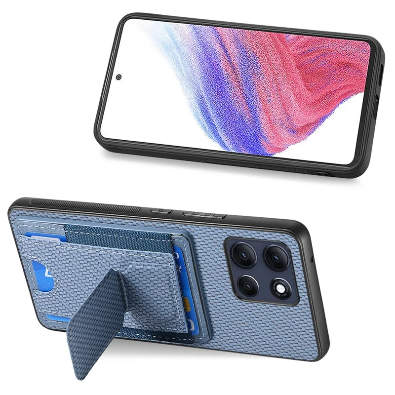 Motorola Moto G86 5G-Hülle mit Kartenfach, Ständer und Faser-Muster-Lederrückseite - Blau