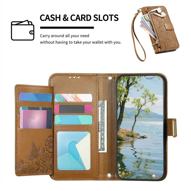 For Motorola Moto G86 Power 5G Case Floral Leaf Pattern Multi Card Slots Zipper Leather Phone Cover with Wrist Strap - Brown