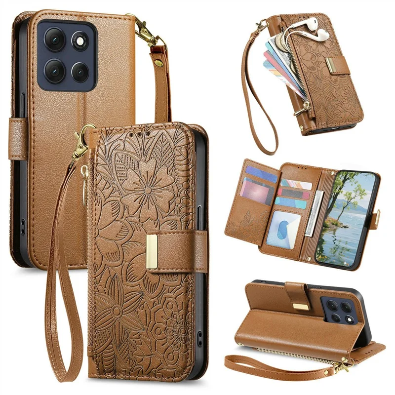 Motorola Moto G86 5G-Hülle, Blumen-Blatt-Muster, Mehrfach-Kartenfächer, Reißverschluss-Lederhülle mit Handgelenkriemen - Braun