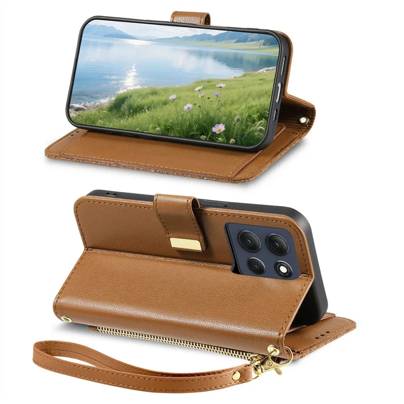 Motorola Moto G86 5G-Hülle, Blumen-Blatt-Muster, Mehrfach-Kartenfächer, Reißverschluss-Lederhülle mit Handgelenkriemen - Braun