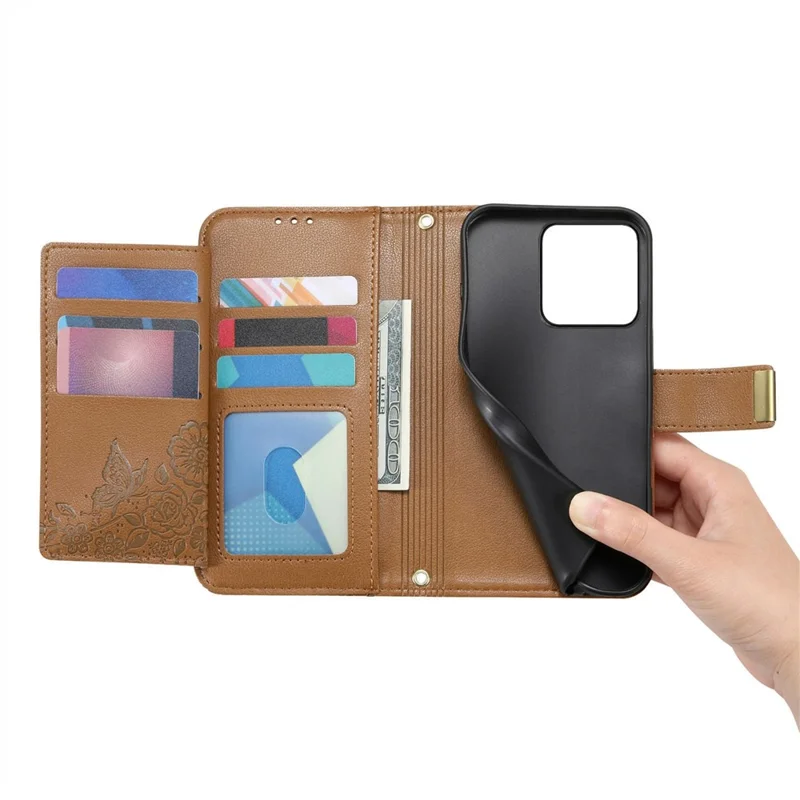 Motorola Moto G86 5G-Hülle, Blumen-Blatt-Muster, Mehrfach-Kartenfächer, Reißverschluss-Lederhülle mit Handgelenkriemen - Braun