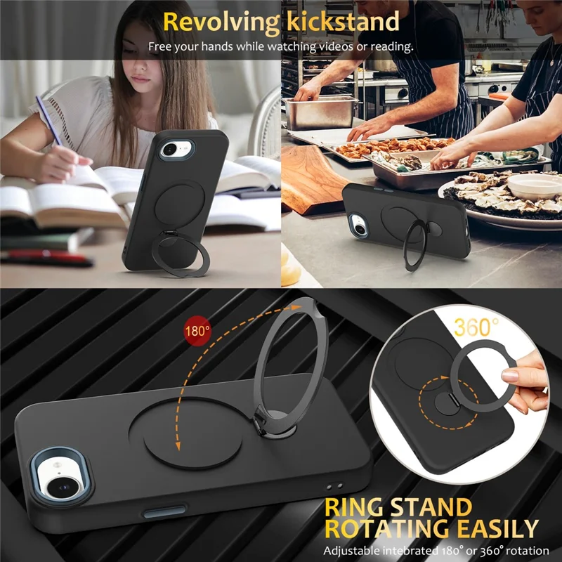 For iPhone 16e Hoes Compatibel met MagSafe Draaibare Ringstand TPU + PC Telefoonaanhang - Zwart