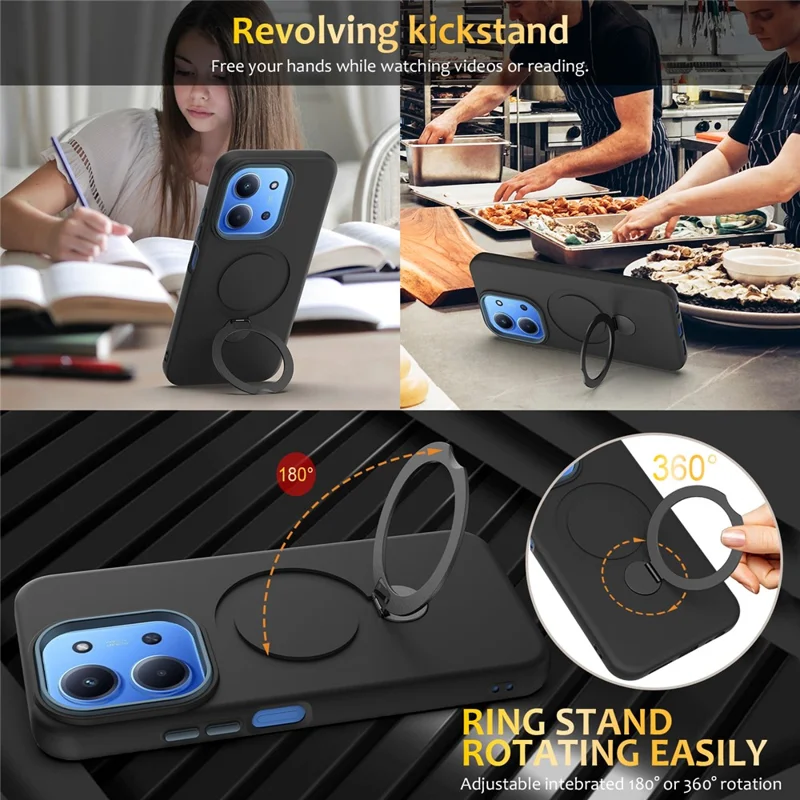 Phone Case For Xiaomi Redmi 15C 5G (EU) (173mm) / 4G (EU) (173mm) / Poco C85 4G (173mm) Magnetic Case Rotating Ring Kickstand TPU + PC Back Cover - Black