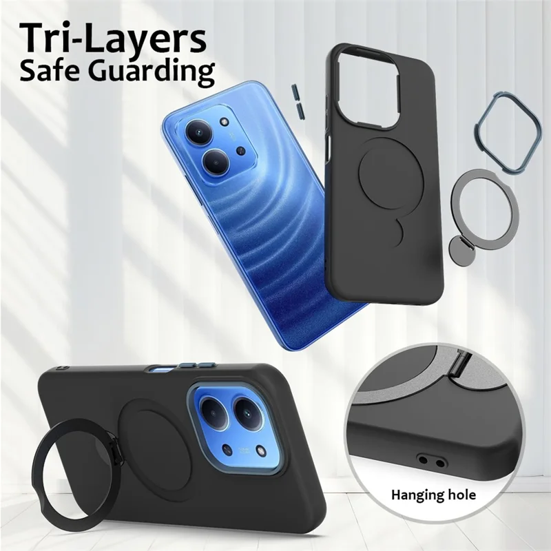 Phone Case For Xiaomi Redmi 15C 5G (EU) (173mm) / 4G (EU) (173mm) / Poco C85 4G (173mm) Magnetic Case Rotating Ring Kickstand TPU + PC Back Cover - Black