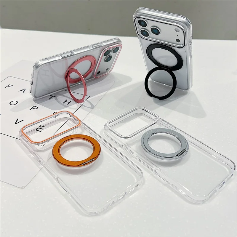 Custodia per iPhone 17 Pro Compatibile con MagSafe Supporto Girevole Chiaro TPU Custodia per Telefono - Arancione