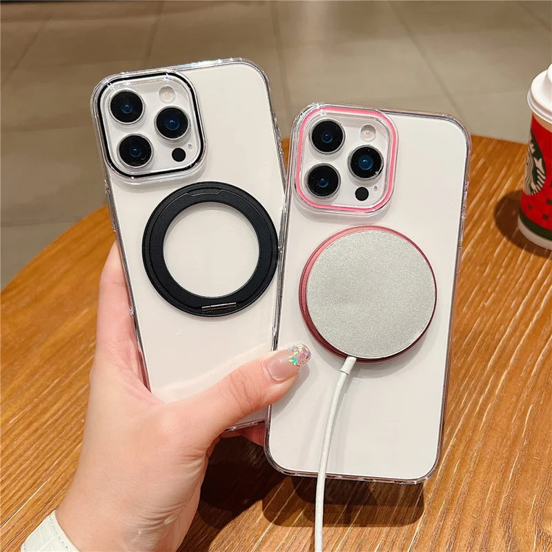 Étui pour iPhone 16 Pro Compatible avec MagSafe Support Rotatif Housse de Téléphone Transparente en TPU - Rose