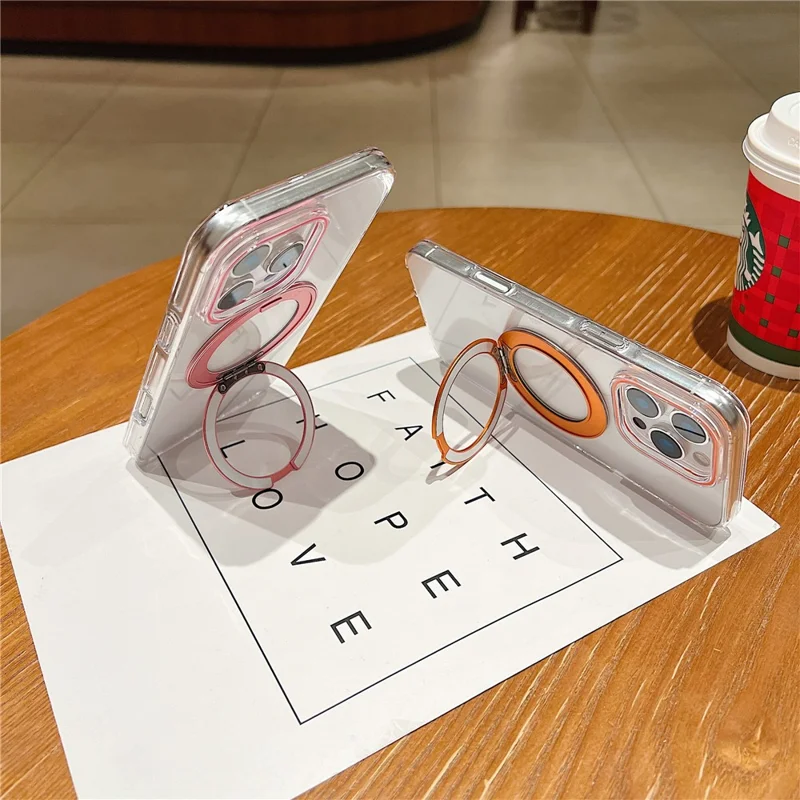 Étui pour iPhone 16 Pro Compatible avec MagSafe Support Rotatif Housse de Téléphone Transparente en TPU - Rose