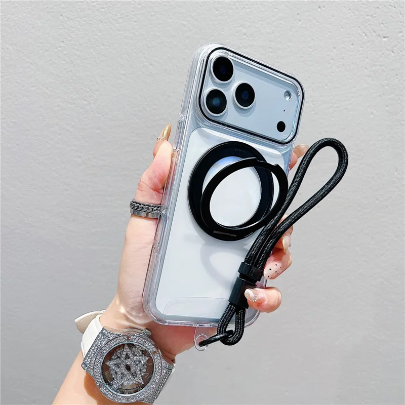 For iPhone 17 Pro Case Compatible with MagSafe Rotating Kickstand Clear TPU Phone Cover with Wrist Strap - Black