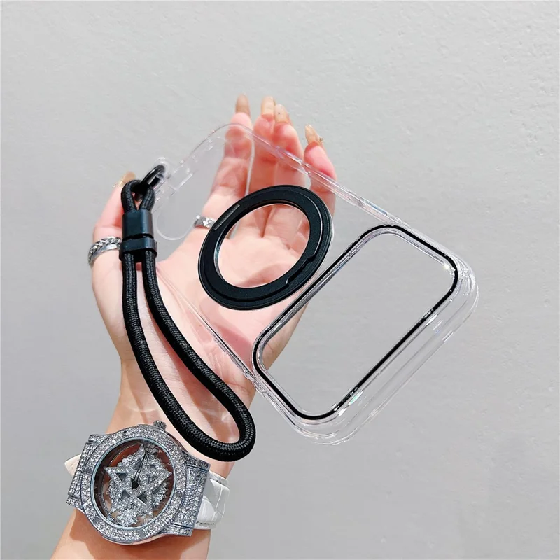 For iPhone 17 Pro Case Compatible with MagSafe Rotating Kickstand Clear TPU Phone Cover with Wrist Strap - Black