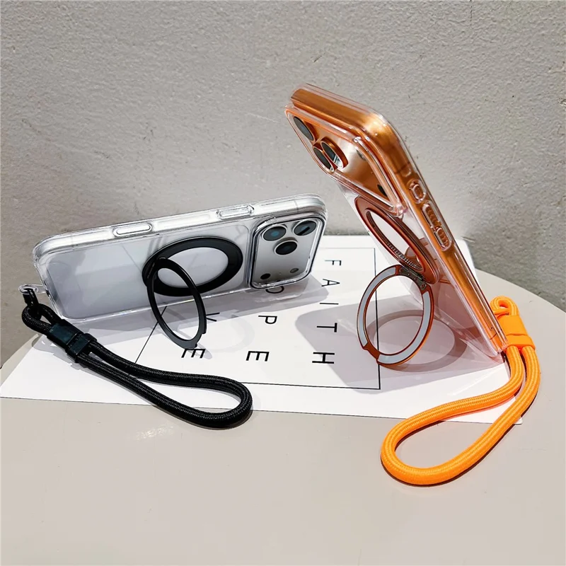 For iPhone 17 Pro Case Compatible with MagSafe Rotating Kickstand Clear TPU Phone Cover with Wrist Strap - Black