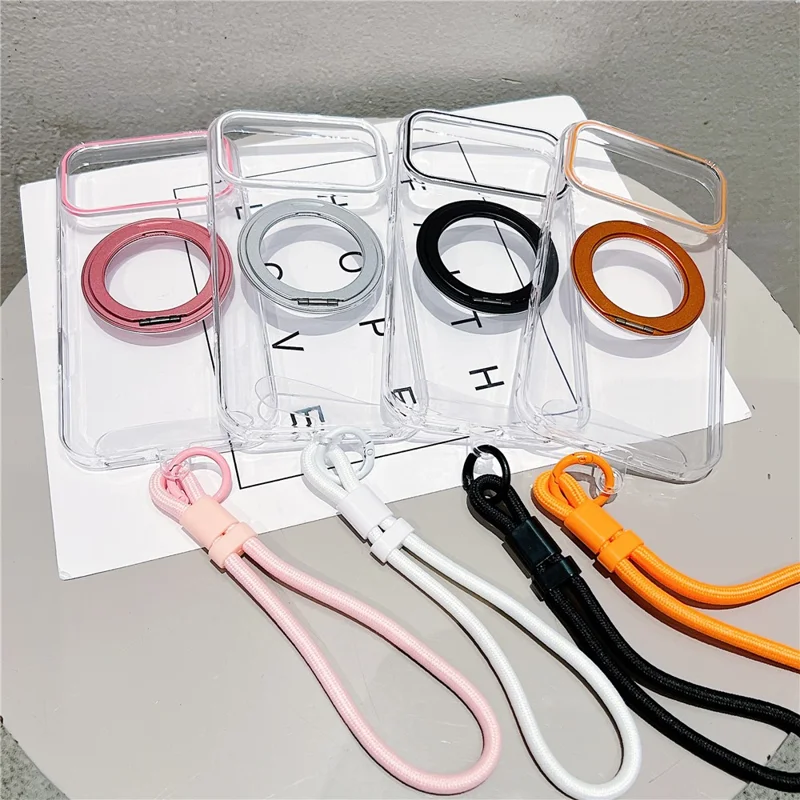 For iPhone 17 Pro Case Compatible with MagSafe Rotating Kickstand Clear TPU Phone Cover with Wrist Strap - Black