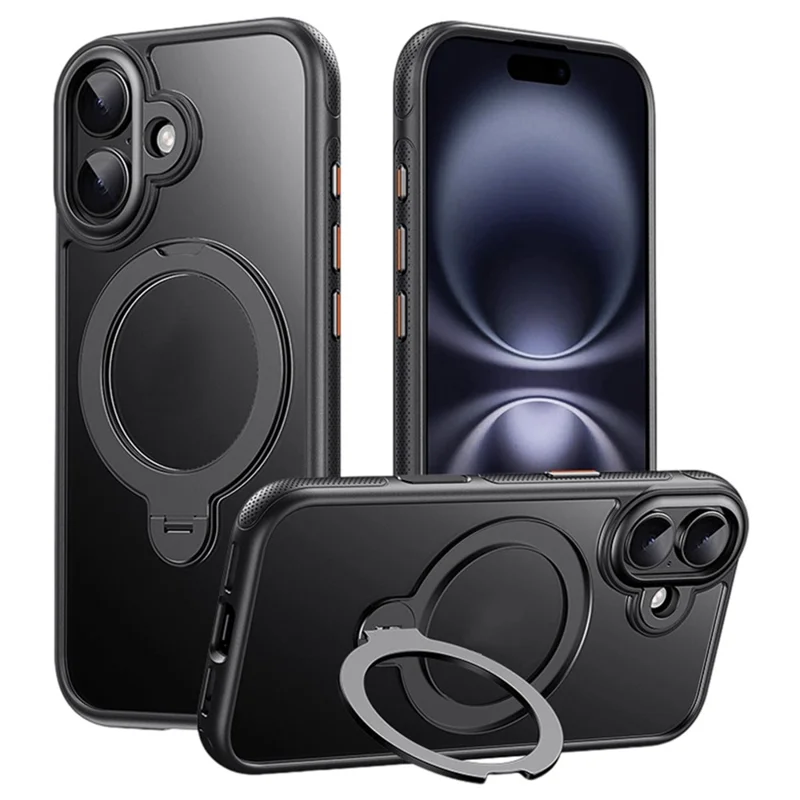 Großeinkauf für iPhone 16 Plus Hülle mit rotierendem Ständer, Acryl + TPU Handyhülle - Schwarz