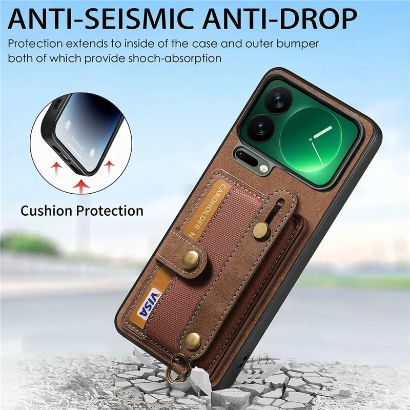 Чехол Xiaomi 17 Pro Retro PU Leather Back Phone Cover с держателем для карт / Ремешок на запястье Kickstand - Коричневый