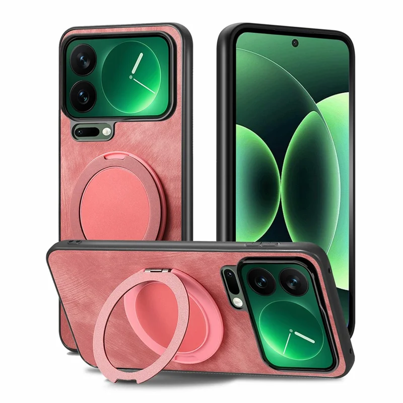 For Xiaomi 17 Pro Phone Case with Rotating Kickstand Stress Relief Retro Leather Back Cover - Pink