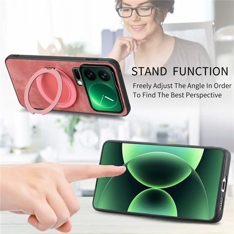 For Xiaomi 17 Pro Phone Case with Rotating Kickstand Stress Relief Retro Leather Back Cover - Pink