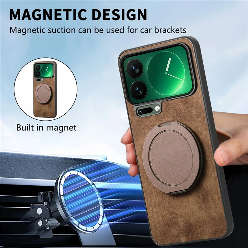 For Xiaomi 17 Pro Phone Case with Rotating Kickstand Stress Relief Retro Leather Back Cover - Pink