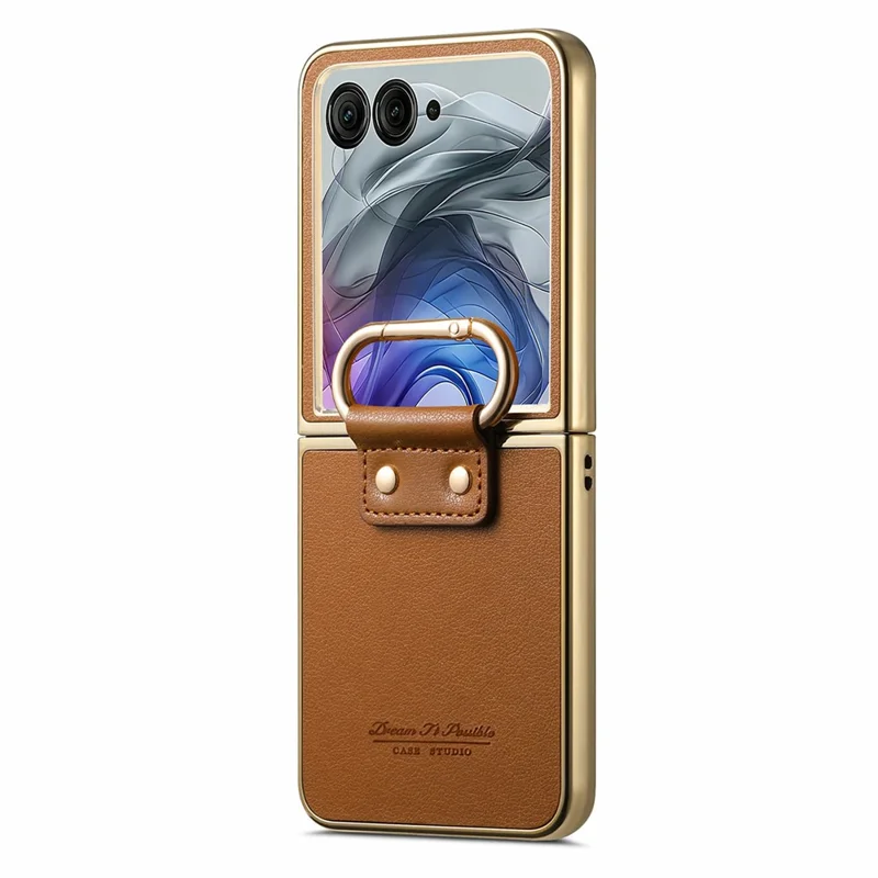 For Motorola Razr 50 Ultra 5G Case Electroplating Leather Coated PC Phone Cover with Spring Ring Buckle Kickstand - Brown