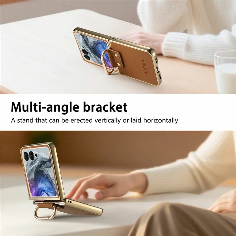 For Motorola Razr 50 Ultra 5G Case Electroplating Leather Coated PC Phone Cover with Spring Ring Buckle Kickstand - Brown