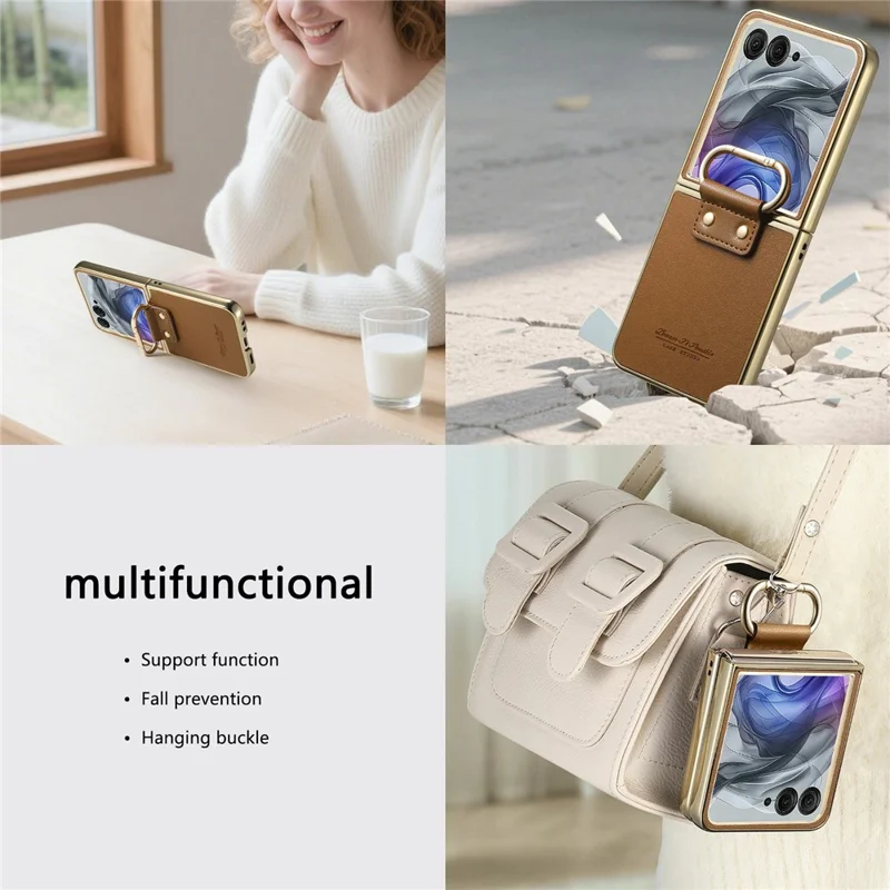 For Motorola Razr 50 Ultra 5G Case Electroplating Leather Coated PC Phone Cover with Spring Ring Buckle Kickstand - Brown