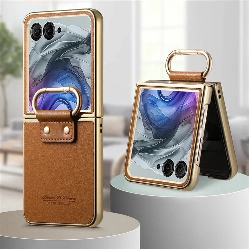 For Motorola Razr 50 Ultra 5G Case Electroplating Leather Coated PC Phone Cover with Spring Ring Buckle Kickstand - Brown