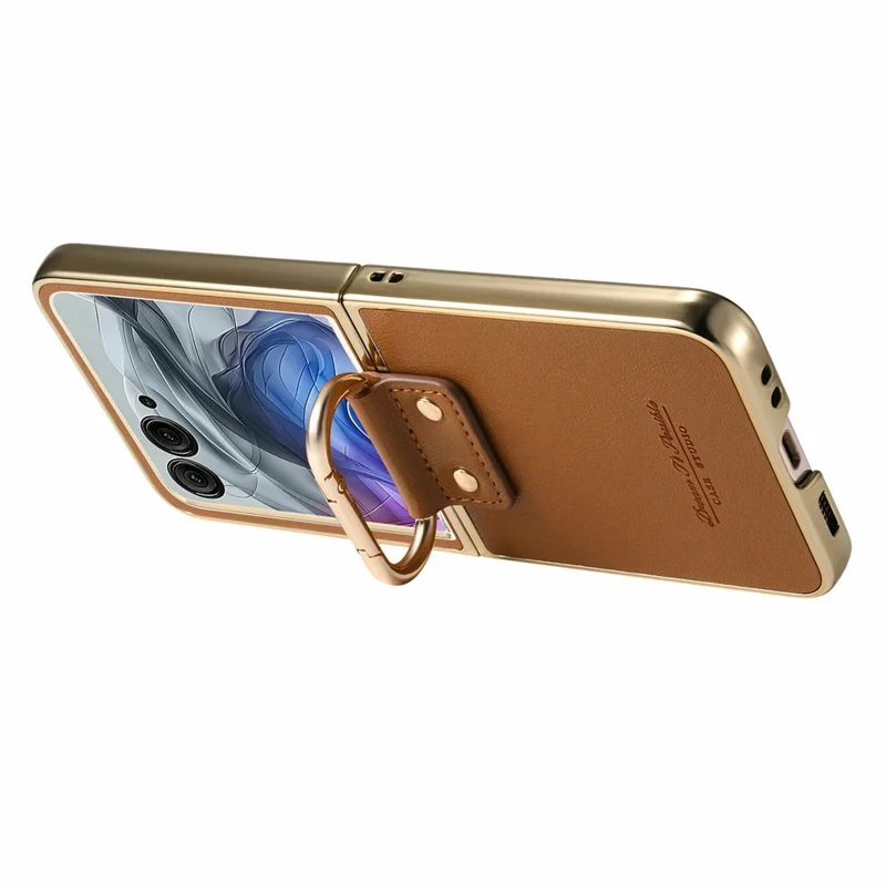 For Motorola Razr 50 Ultra 5G Case Electroplating Leather Coated PC Phone Cover with Spring Ring Buckle Kickstand - Brown
