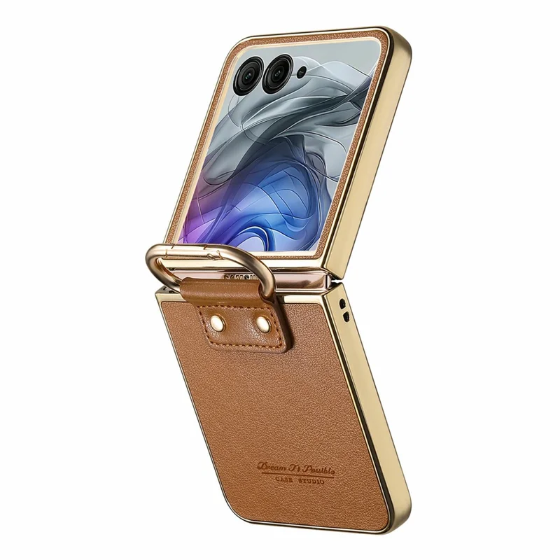 For Motorola Razr 50 Ultra 5G Case Electroplating Leather Coated PC Phone Cover with Spring Ring Buckle Kickstand - Brown