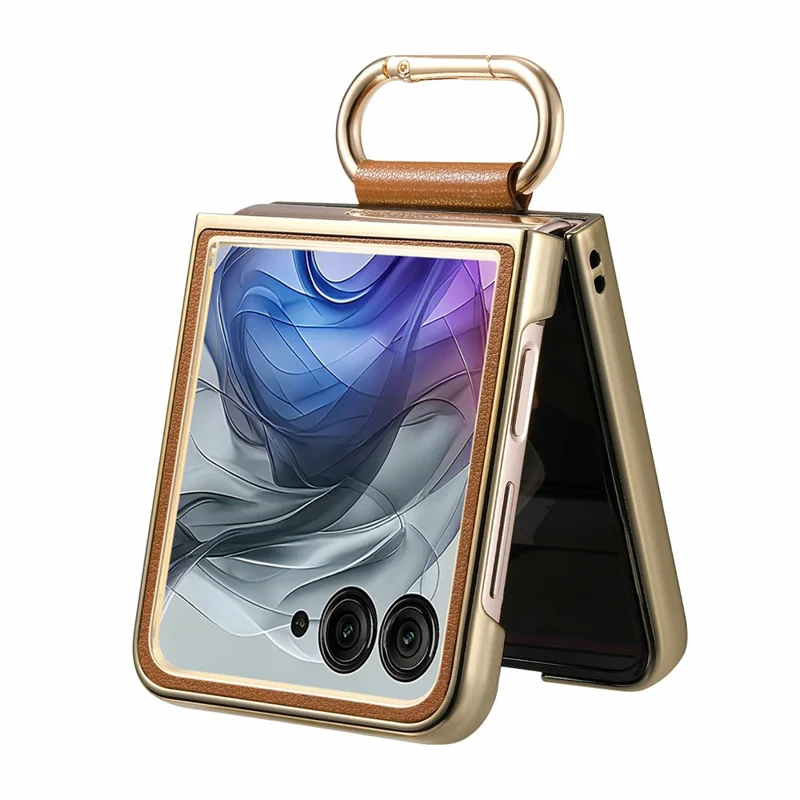 For Motorola Razr 50 Ultra 5G Case Electroplating Leather Coated PC Phone Cover with Spring Ring Buckle Kickstand - Brown