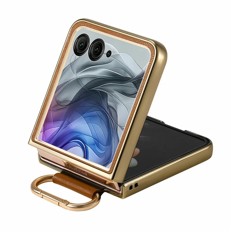 For Motorola Razr 50 Ultra 5G Case Electroplating Leather Coated PC Phone Cover with Spring Ring Buckle Kickstand - Brown