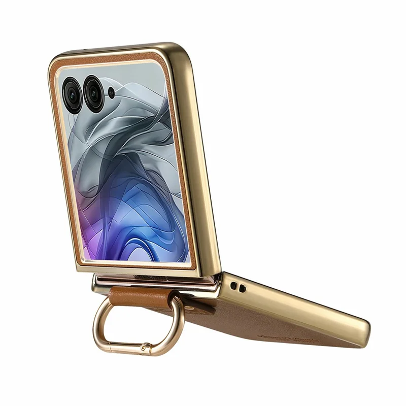 For Motorola Razr 50 Ultra 5G Case Electroplating Leather Coated PC Phone Cover with Spring Ring Buckle Kickstand - Brown