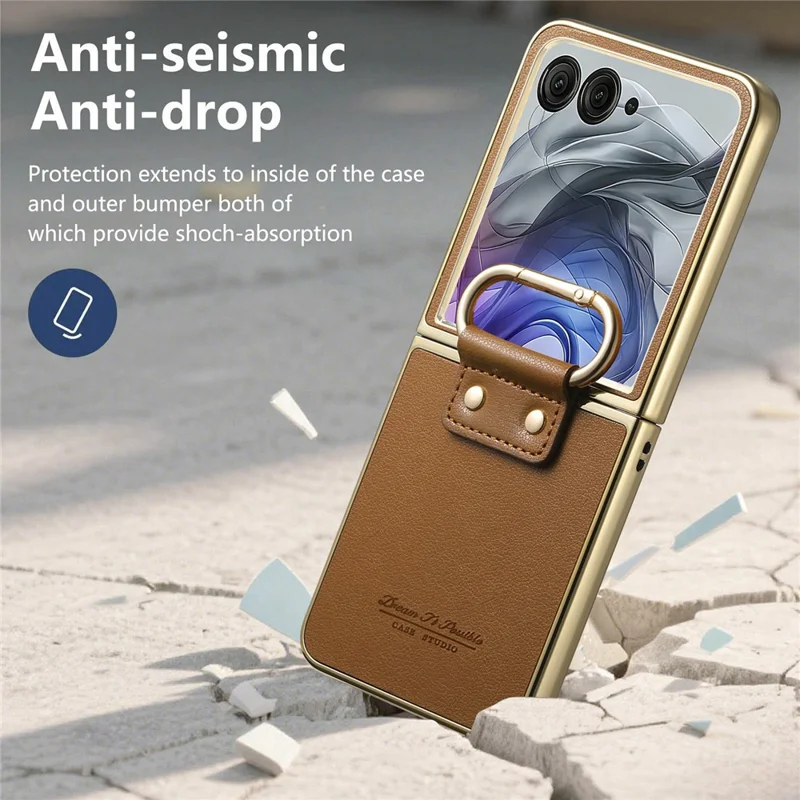 For Motorola Razr 50 Ultra 5G Case Electroplating Leather Coated PC Phone Cover with Spring Ring Buckle Kickstand - Brown