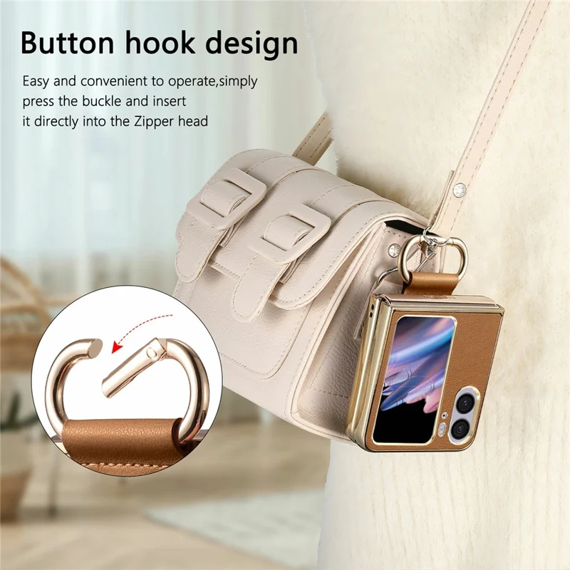 For Oppo Find N2 Flip 5G Case Electroplating Leather Coated PC Phone Cover with Spring Ring Buckle Kickstand - Brown