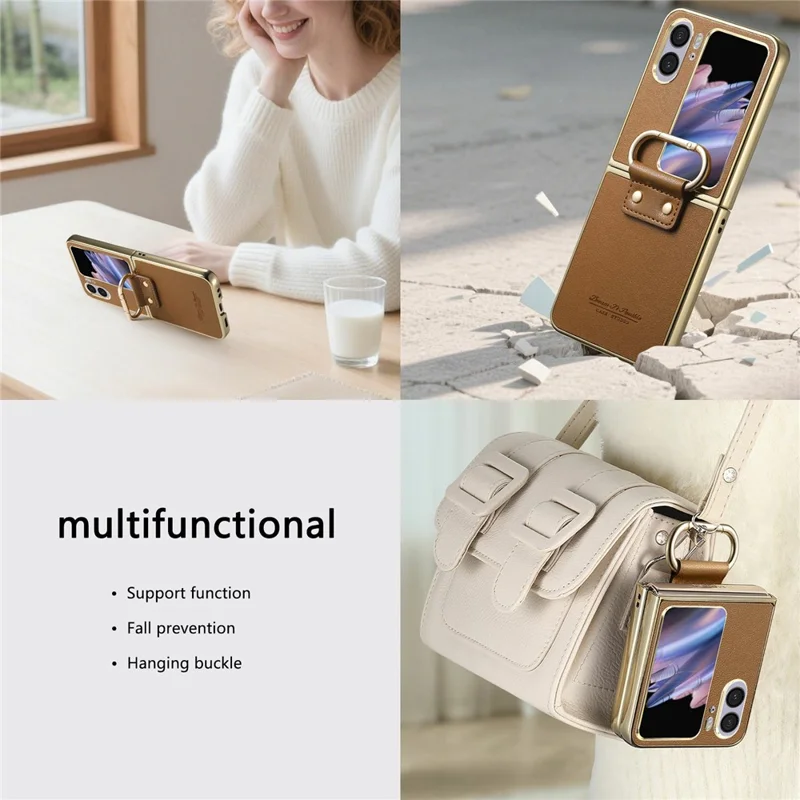 For Oppo Find N2 Flip 5G Case Electroplating Leather Coated PC Phone Cover with Spring Ring Buckle Kickstand - Brown