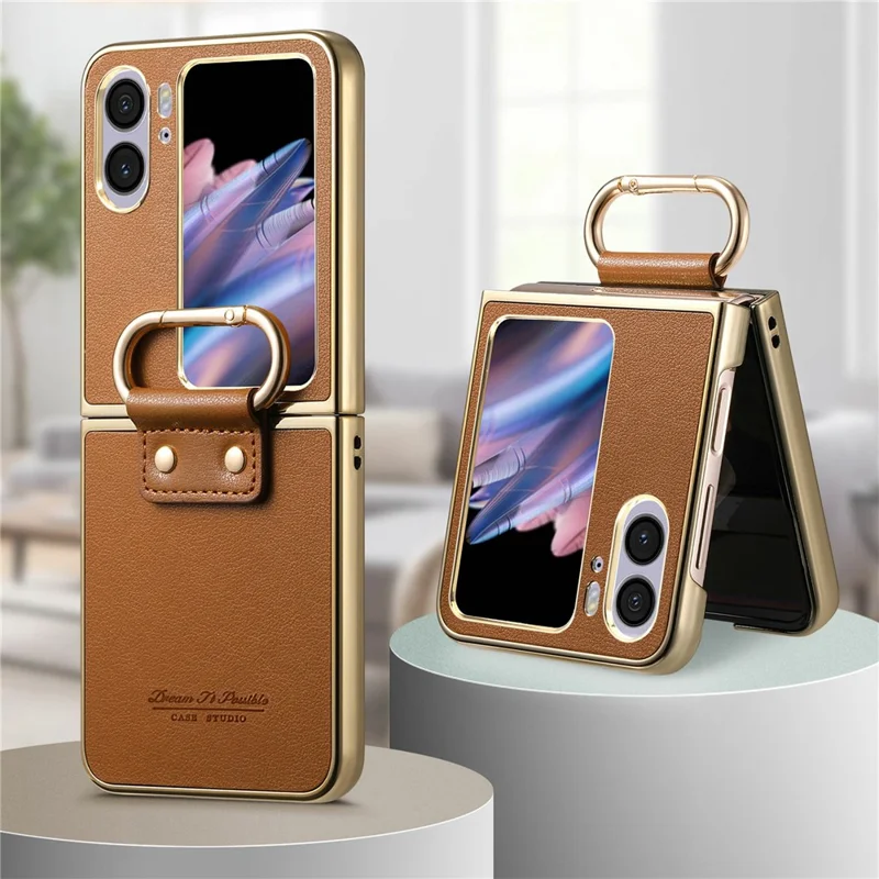 For Oppo Find N2 Flip 5G Case Electroplating Leather Coated PC Phone Cover with Spring Ring Buckle Kickstand - Brown