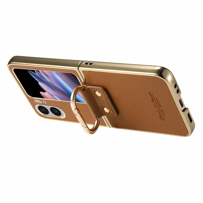 For Oppo Find N2 Flip 5G Case Electroplating Leather Coated PC Phone Cover with Spring Ring Buckle Kickstand - Brown