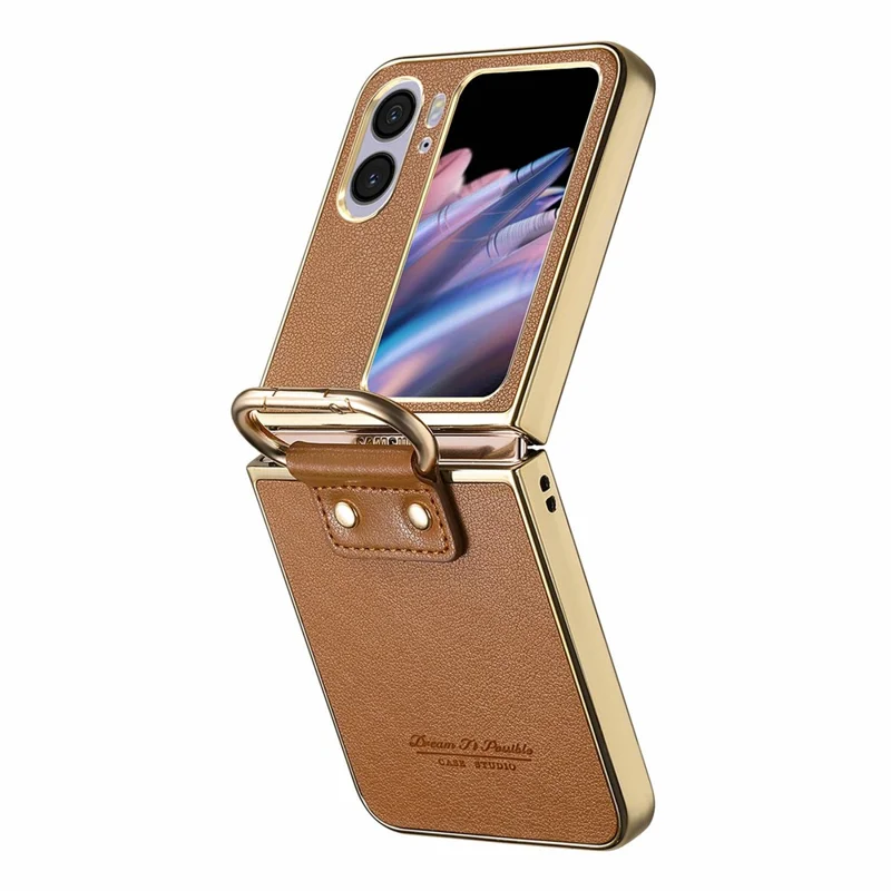 For Oppo Find N2 Flip 5G Case Electroplating Leather Coated PC Phone Cover with Spring Ring Buckle Kickstand - Brown