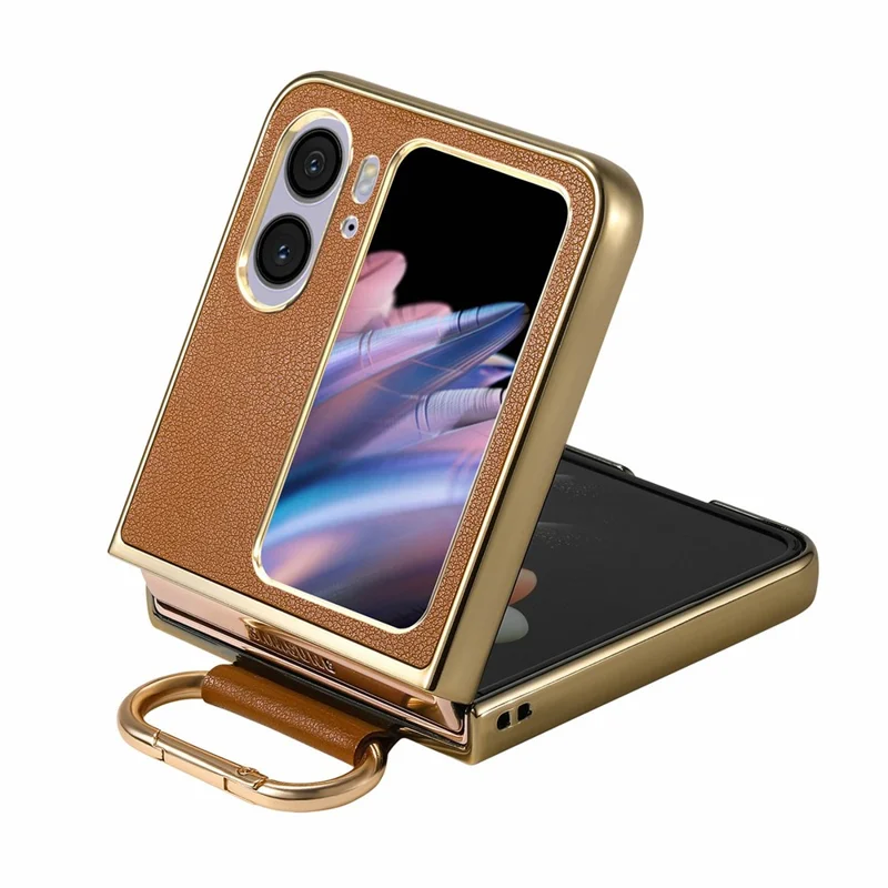 For Oppo Find N2 Flip 5G Case Electroplating Leather Coated PC Phone Cover with Spring Ring Buckle Kickstand - Brown