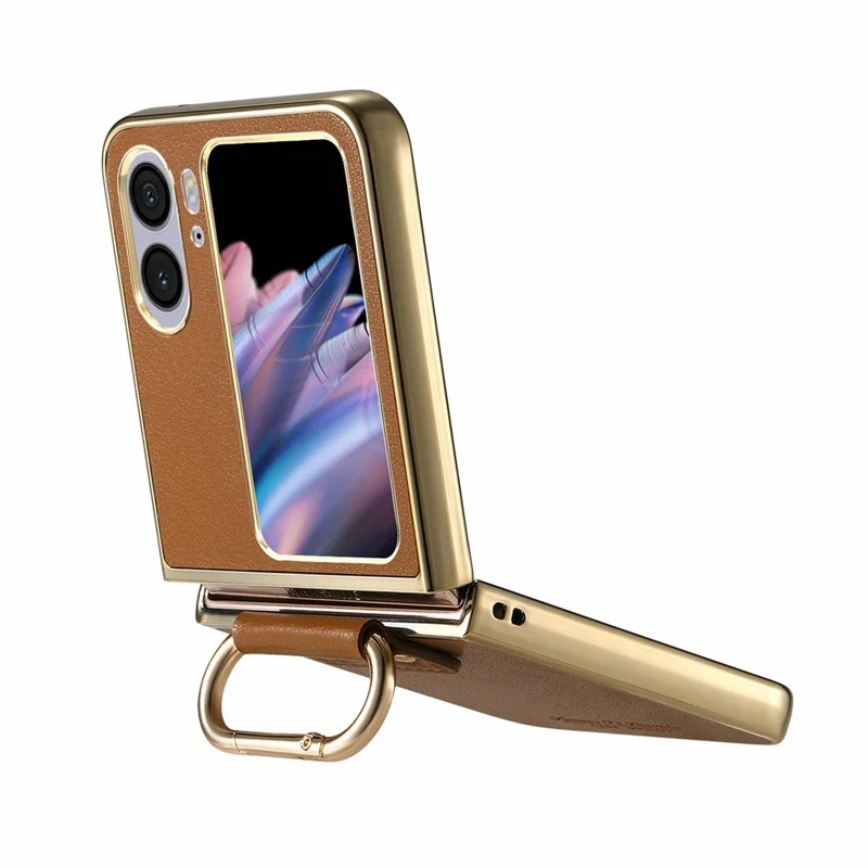For Oppo Find N2 Flip 5G Case Electroplating Leather Coated PC Phone Cover with Spring Ring Buckle Kickstand - Brown
