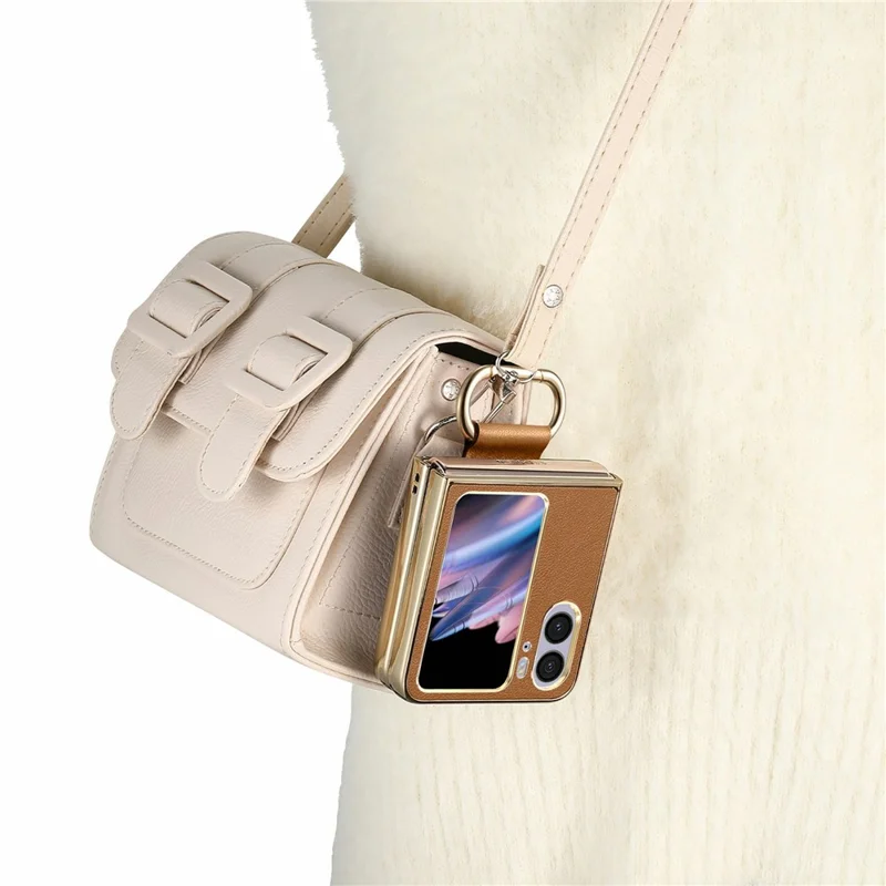 For Oppo Find N2 Flip 5G Case Electroplating Leather Coated PC Phone Cover with Spring Ring Buckle Kickstand - Brown