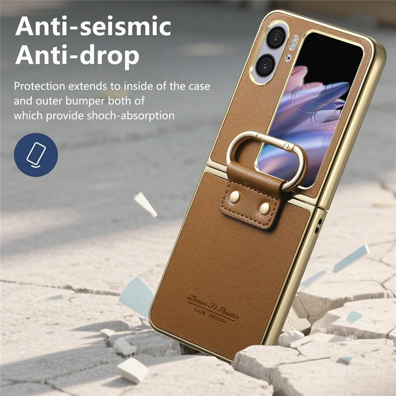 For Oppo Find N2 Flip 5G Case Electroplating Leather Coated PC Phone Cover with Spring Ring Buckle Kickstand - Brown