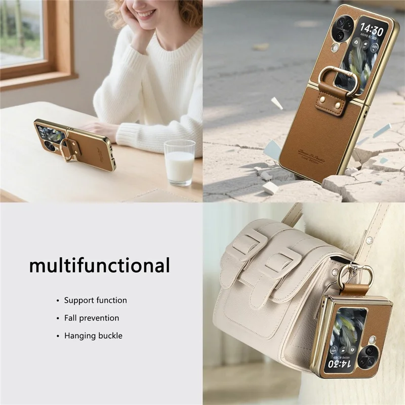 Capa para Oppo Find N3 Flip 5G com Revestimento de Couro Eletrolítico, Capa de Telefone PC com Fivela de Anel de Mola e Suporte - Marrom