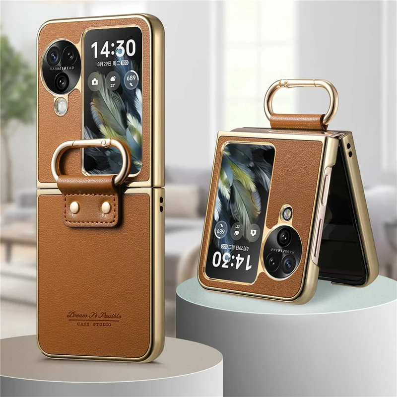 Capa para Oppo Find N3 Flip 5G com Revestimento de Couro Eletrolítico, Capa de Telefone PC com Fivela de Anel de Mola e Suporte - Marrom