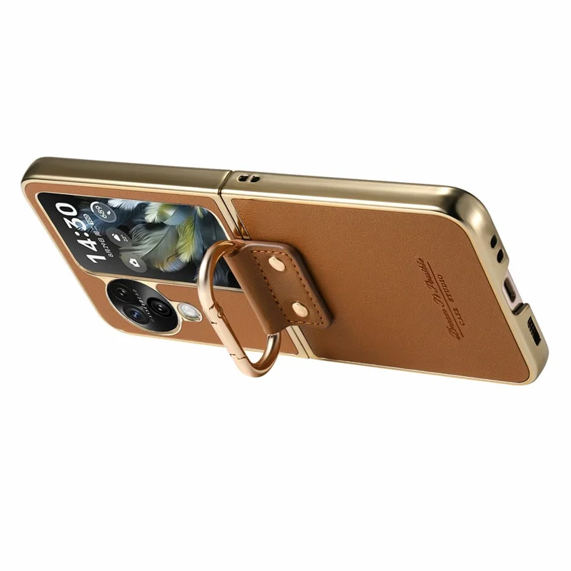 Capa para Oppo Find N3 Flip 5G com Revestimento de Couro Eletrolítico, Capa de Telefone PC com Fivela de Anel de Mola e Suporte - Marrom