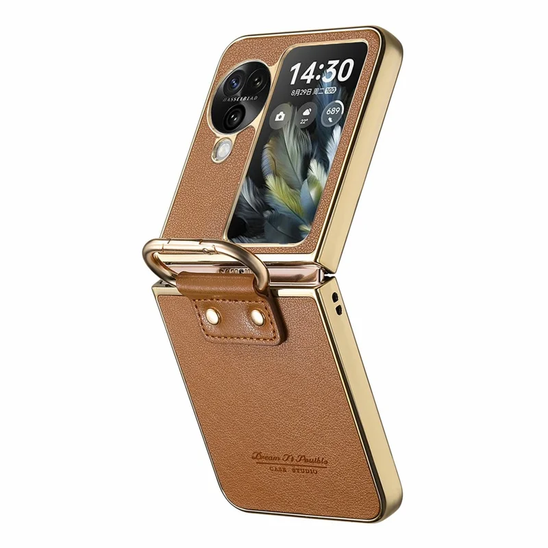 Capa para Oppo Find N3 Flip 5G com Revestimento de Couro Eletrolítico, Capa de Telefone PC com Fivela de Anel de Mola e Suporte - Marrom