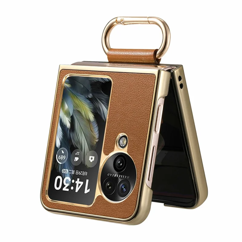 Capa para Oppo Find N3 Flip 5G com Revestimento de Couro Eletrolítico, Capa de Telefone PC com Fivela de Anel de Mola e Suporte - Marrom