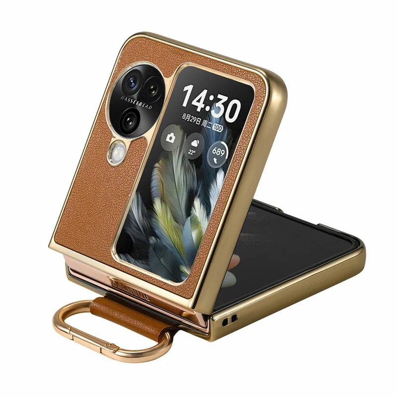 Capa para Oppo Find N3 Flip 5G com Revestimento de Couro Eletrolítico, Capa de Telefone PC com Fivela de Anel de Mola e Suporte - Marrom
