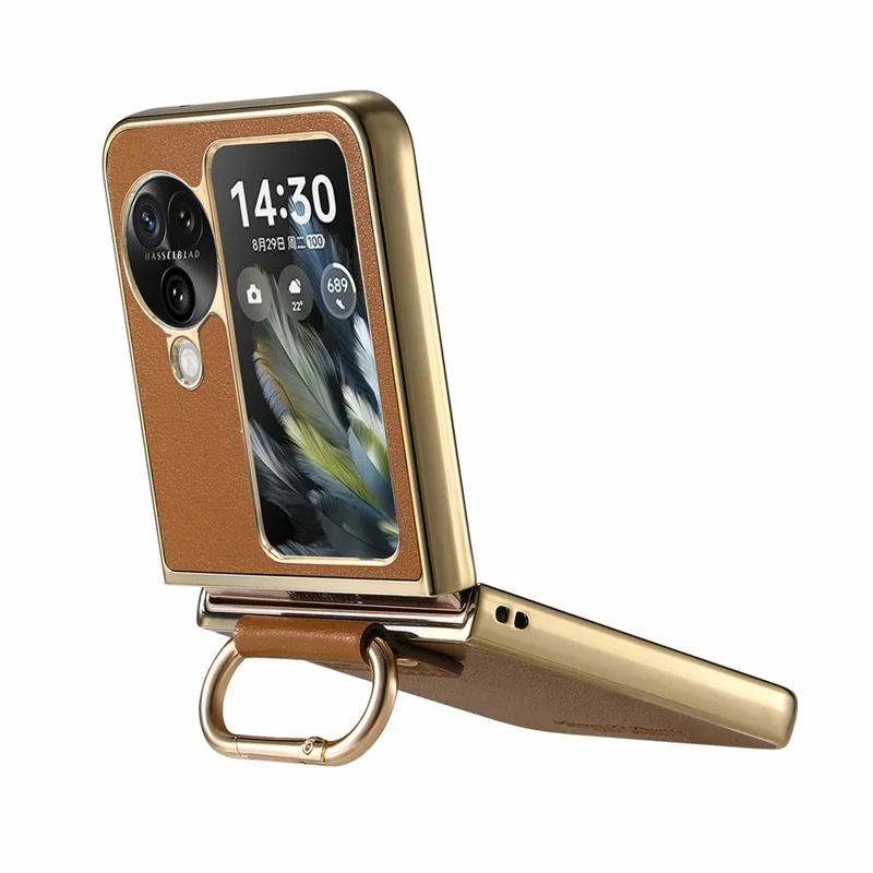 Capa para Oppo Find N3 Flip 5G com Revestimento de Couro Eletrolítico, Capa de Telefone PC com Fivela de Anel de Mola e Suporte - Marrom